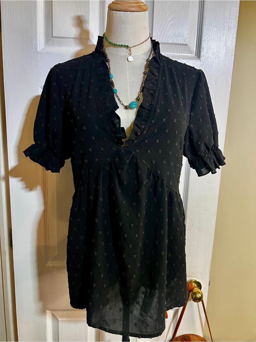 Women’s Black Cotton Blend Y2K Babydoll Swiss Dot Boho Preppy Retro 
S/S Top S/M